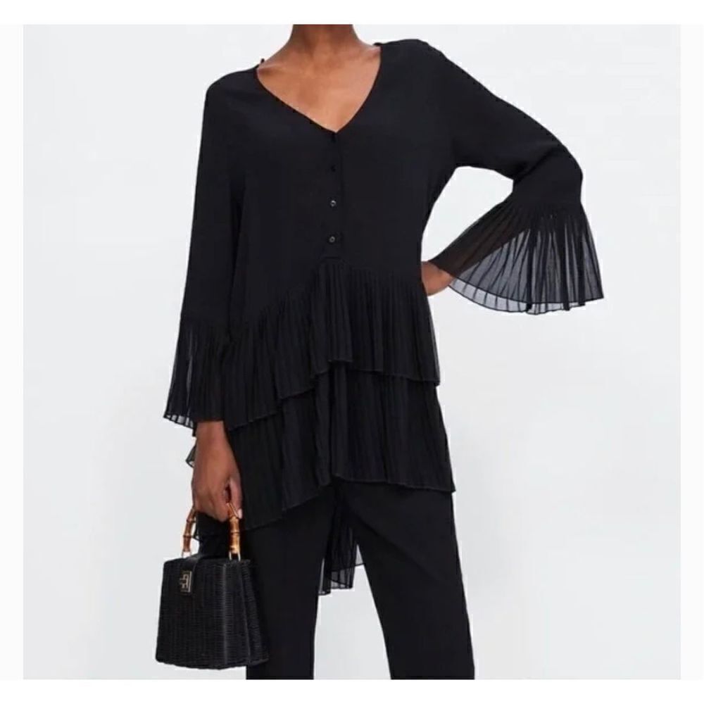 Zara Woman Black Pleated Blouse Half Button Down